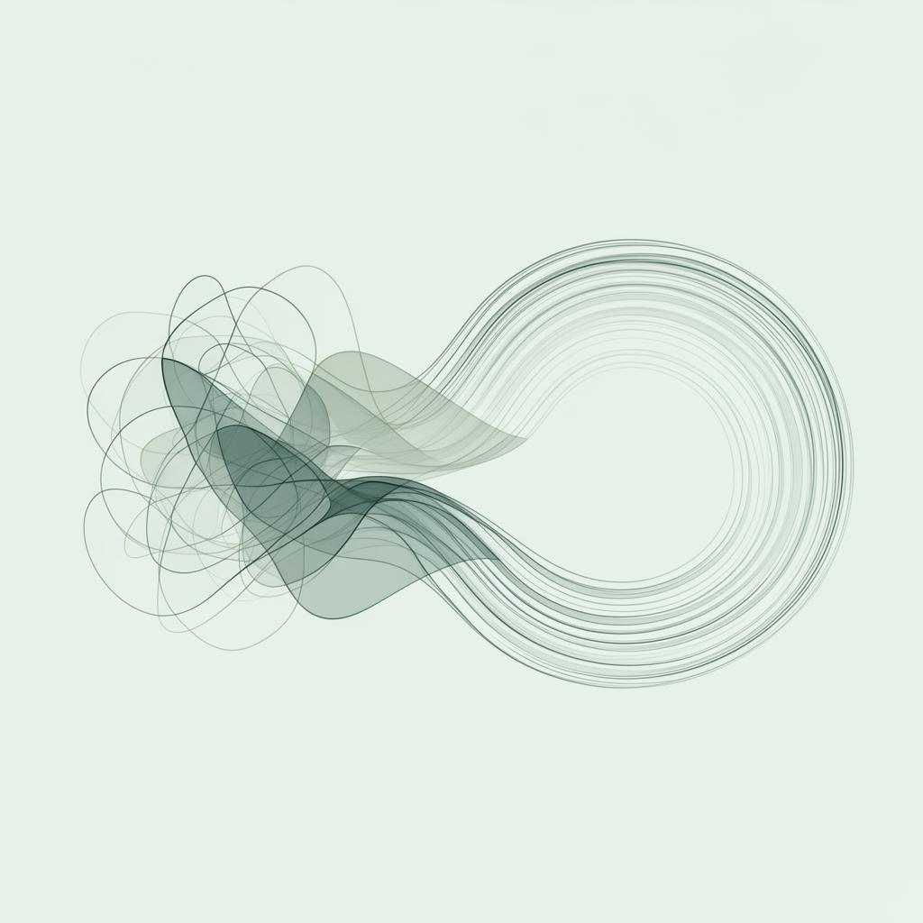 Abstract illustration of tangled lines resolving into ordered arcs, representing the journey from chaos to clarity